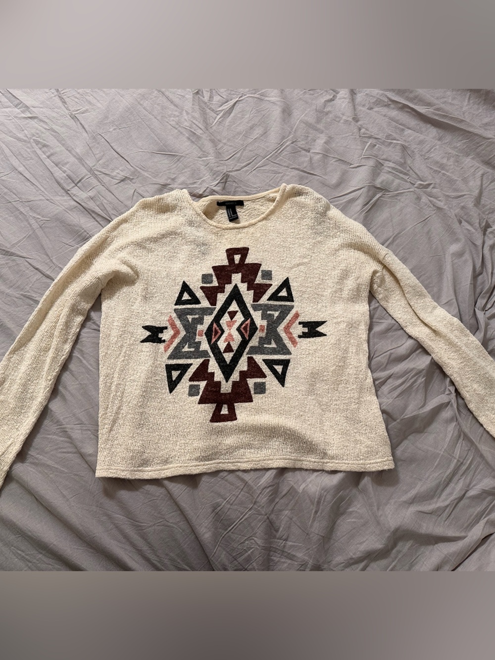 Forever 21 Cream Pullover Sweater with Black, Maroon, and Gray Aztec Motif